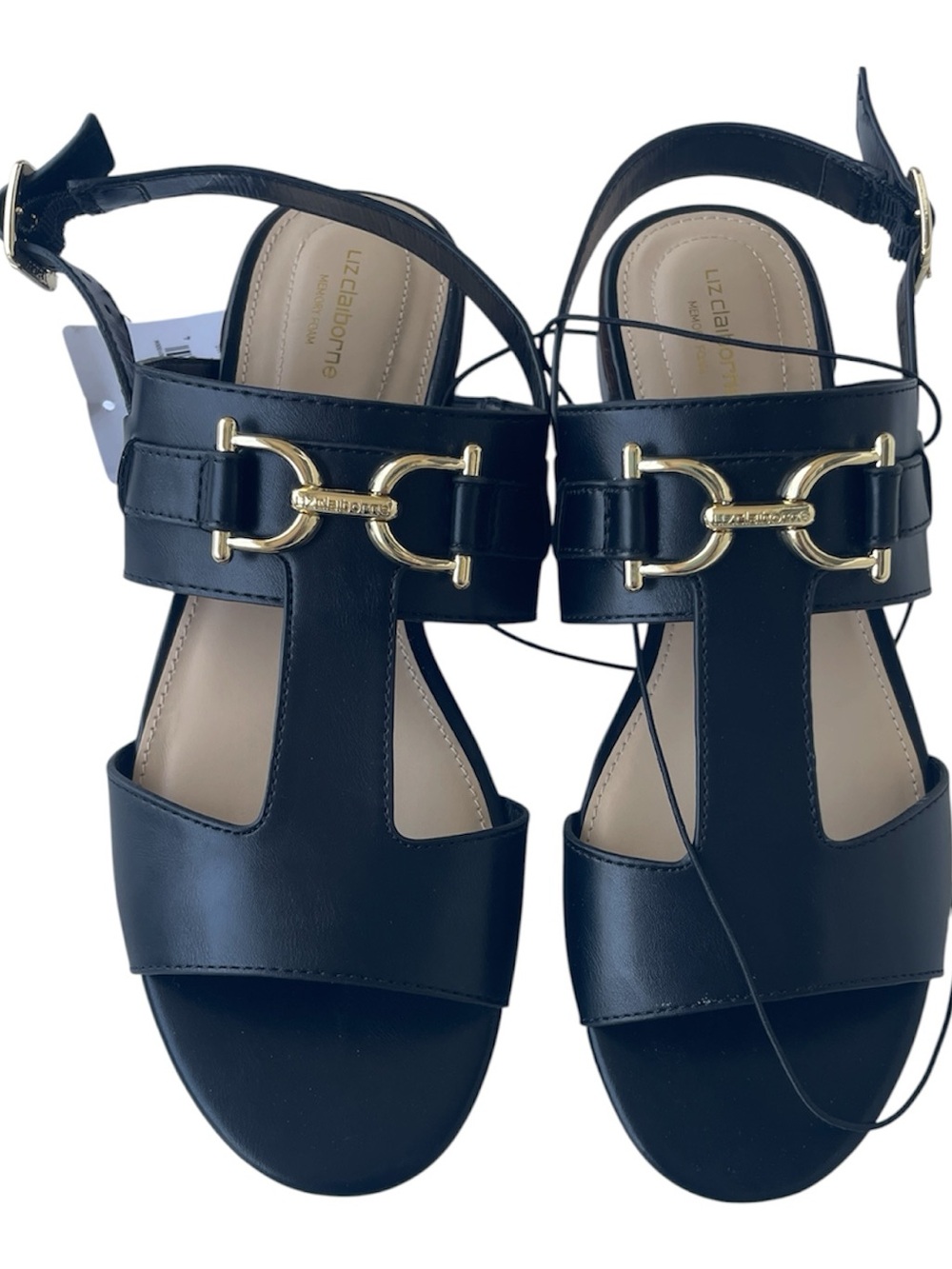Liz Claiborne Grove Ankle Strap Black Sandals Gold Trim Memory Foam Size 8.5 M